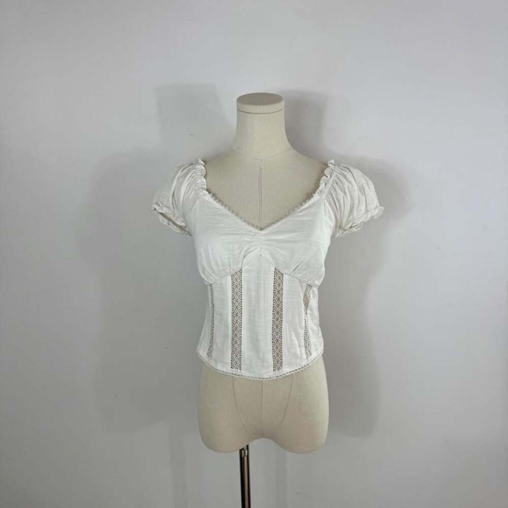Heartloom White Lace-Trim Corset Top | Puff Sleeve Smocked Back | Womens Size XS